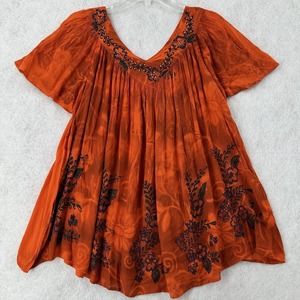 NWT Zuriet Blouse Women FREE SIZE Shirt Top Boho Flowy Crinkle Gauze Embellished